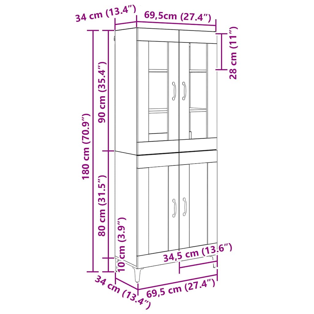 vidaXL Highboard Oud Hout 69,5 x 34 x 180 cm Bewerkt hout