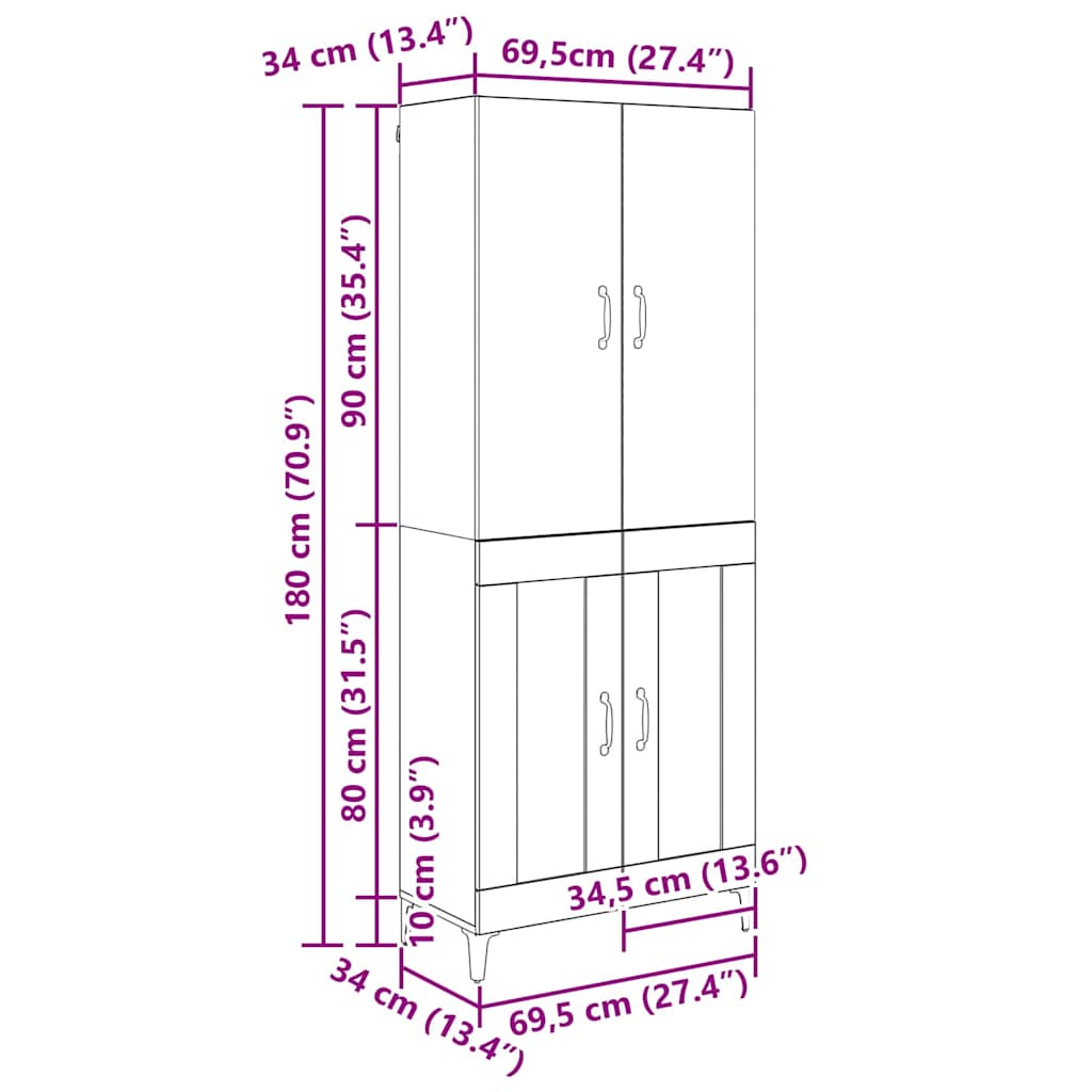 vidaXL Highboard Oud Hout 69,5 x 34 x 180 cm Bewerkt hout