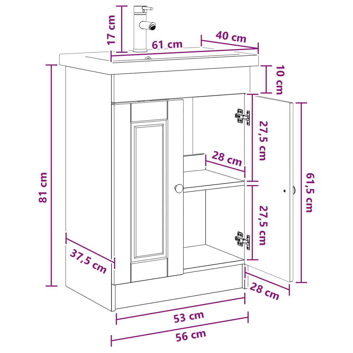 vidaXL Badkamermeubel Set Wit 56 x 37,5 x 81 cm Bewerkt hout
