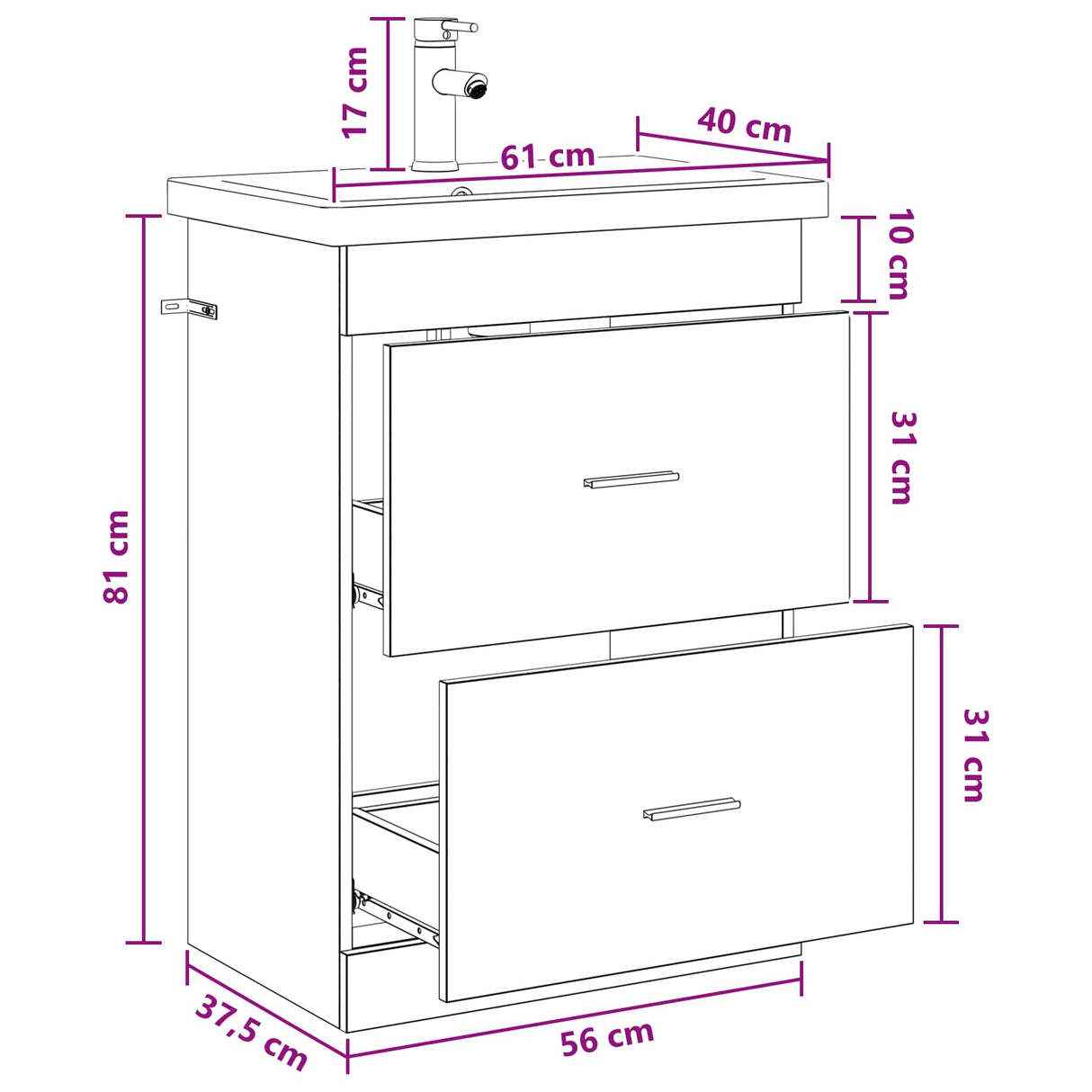 vidaXL Badkamermeubel Set Wit 61 x 40 x 84,5 cm Bewerkt hout