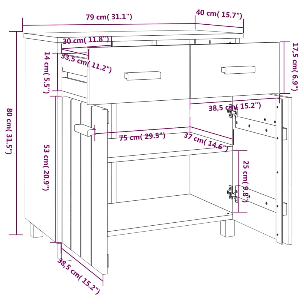 vidaXL Dressoir HAMAR 79x40x80 cm massief grenenhout honingbruin