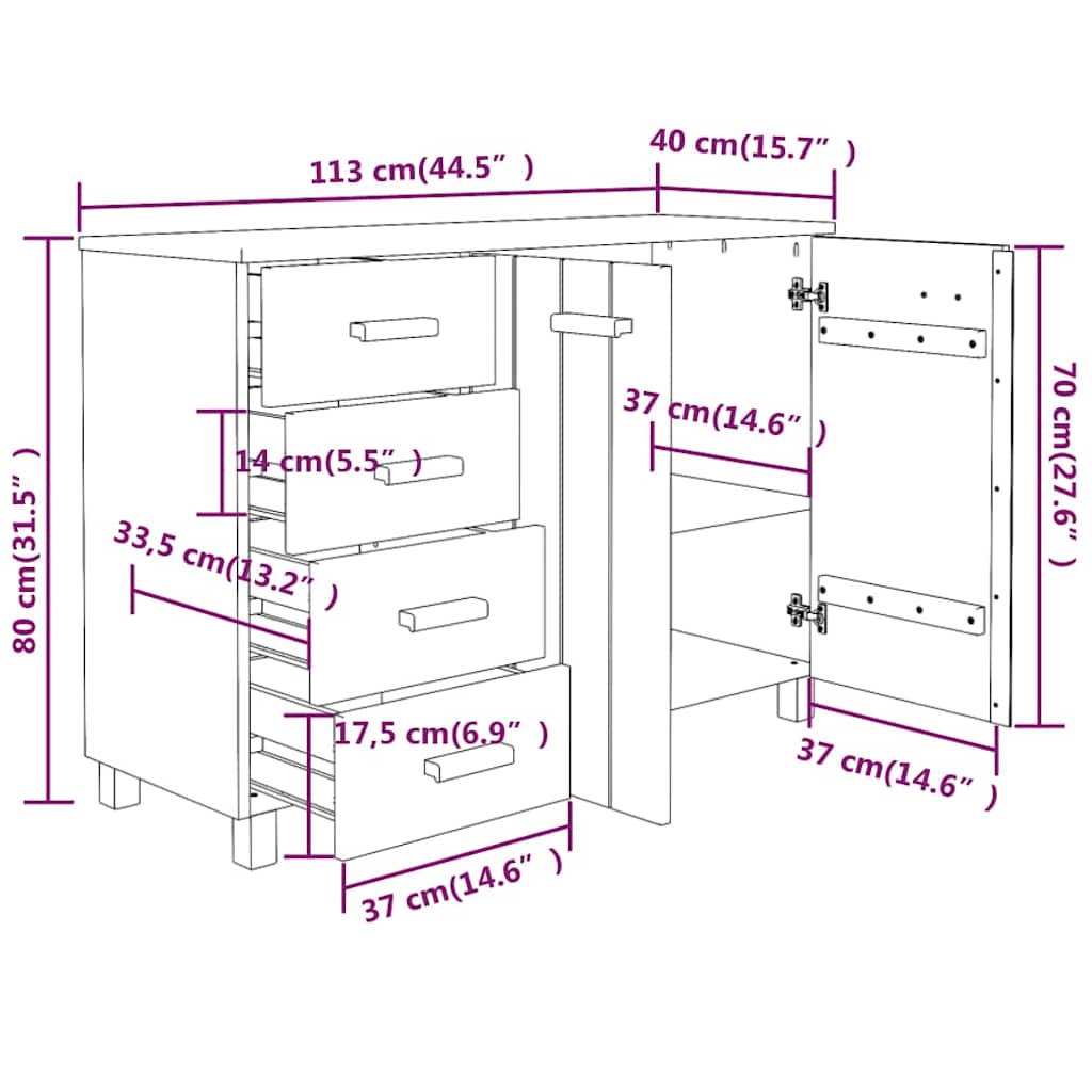vidaXL Dressoir HAMAR 113x40x80 cm massief grenenhout honingbruin