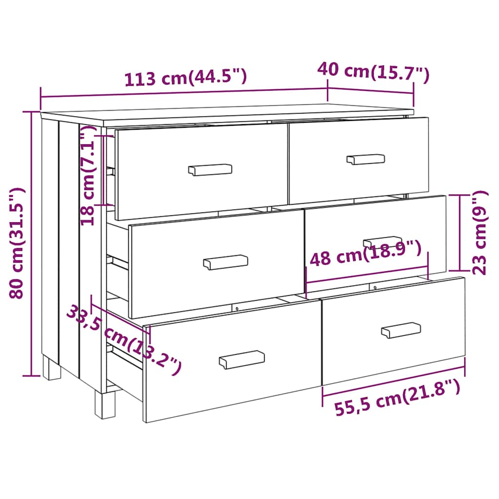 vidaXL Dressoir HAMAR 113x40x80 cm massief grenenhout honingbruin