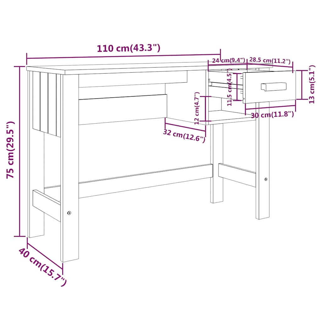 vidaXL Bureau HAMAR 110x40x75 cm massief grenenhout honingbruin
