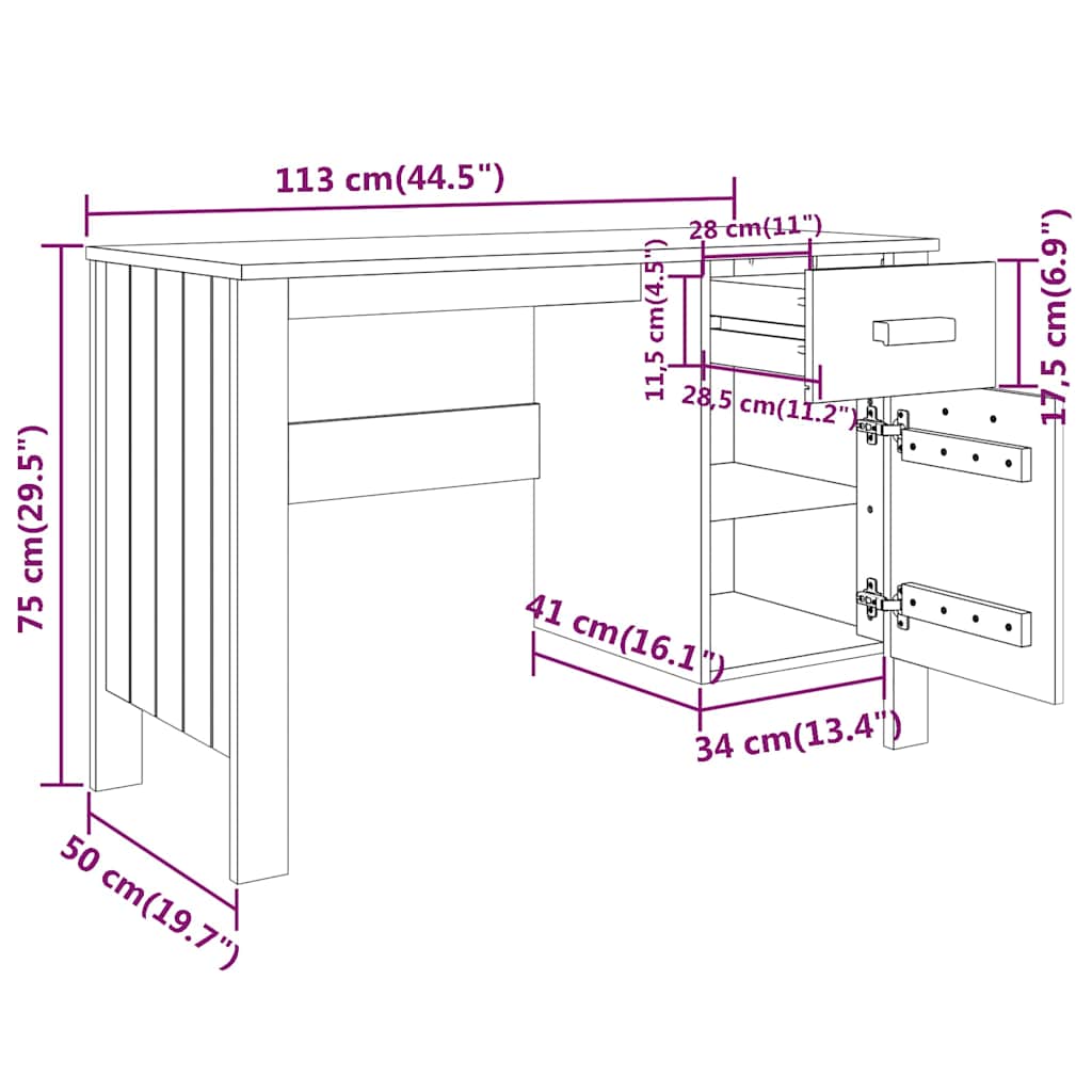 vidaXL Bureau HAMAR 113x50x75 cm massief grenenhout honingbruin