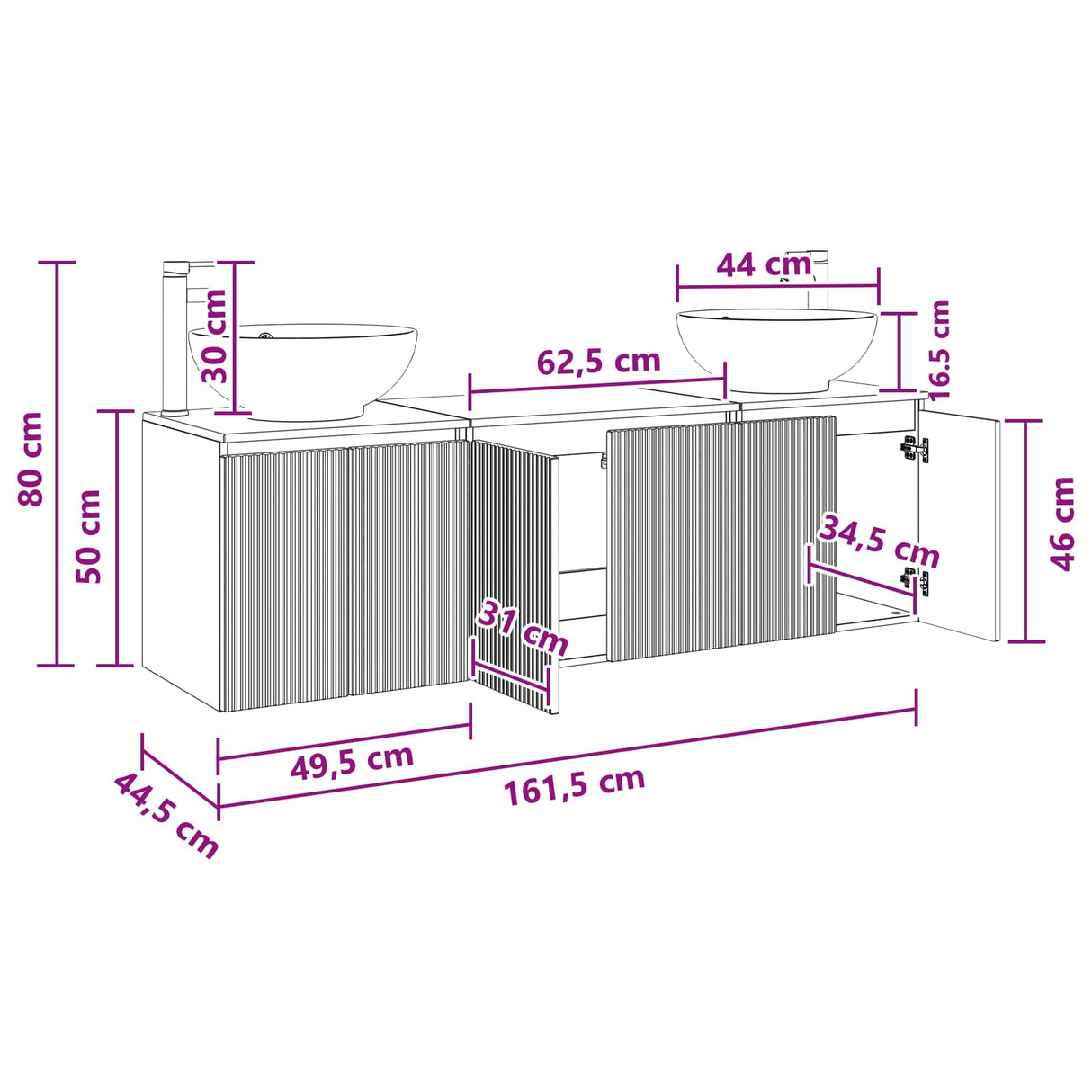 vidaXL Badkamerkast set 3 st Wit 49,5 x 44,5 x 65 cm Bewerkt hout