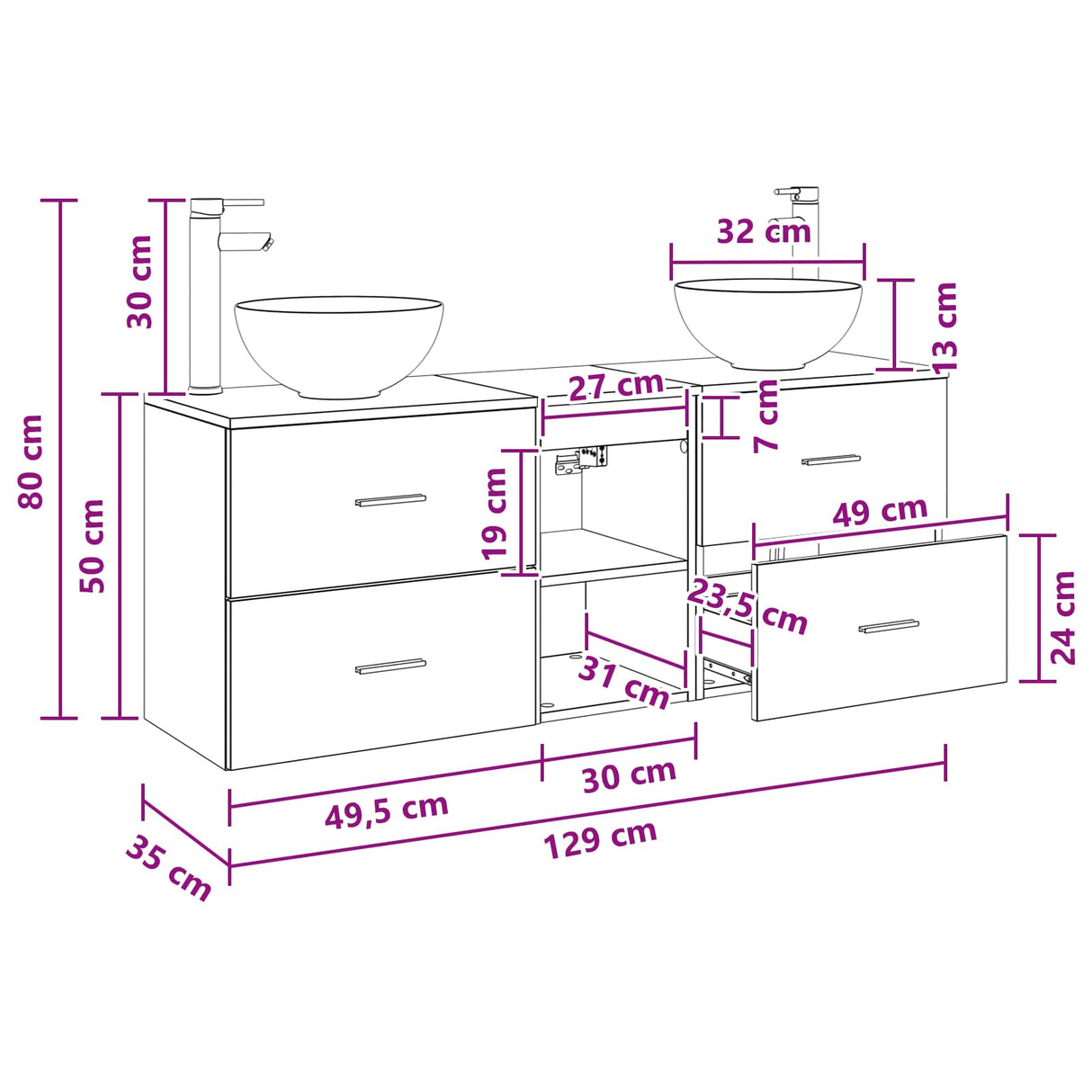 vidaXL Bathroom cabinet set 3 pcs White 49.5 x 35 x 63 cm Engineered wood