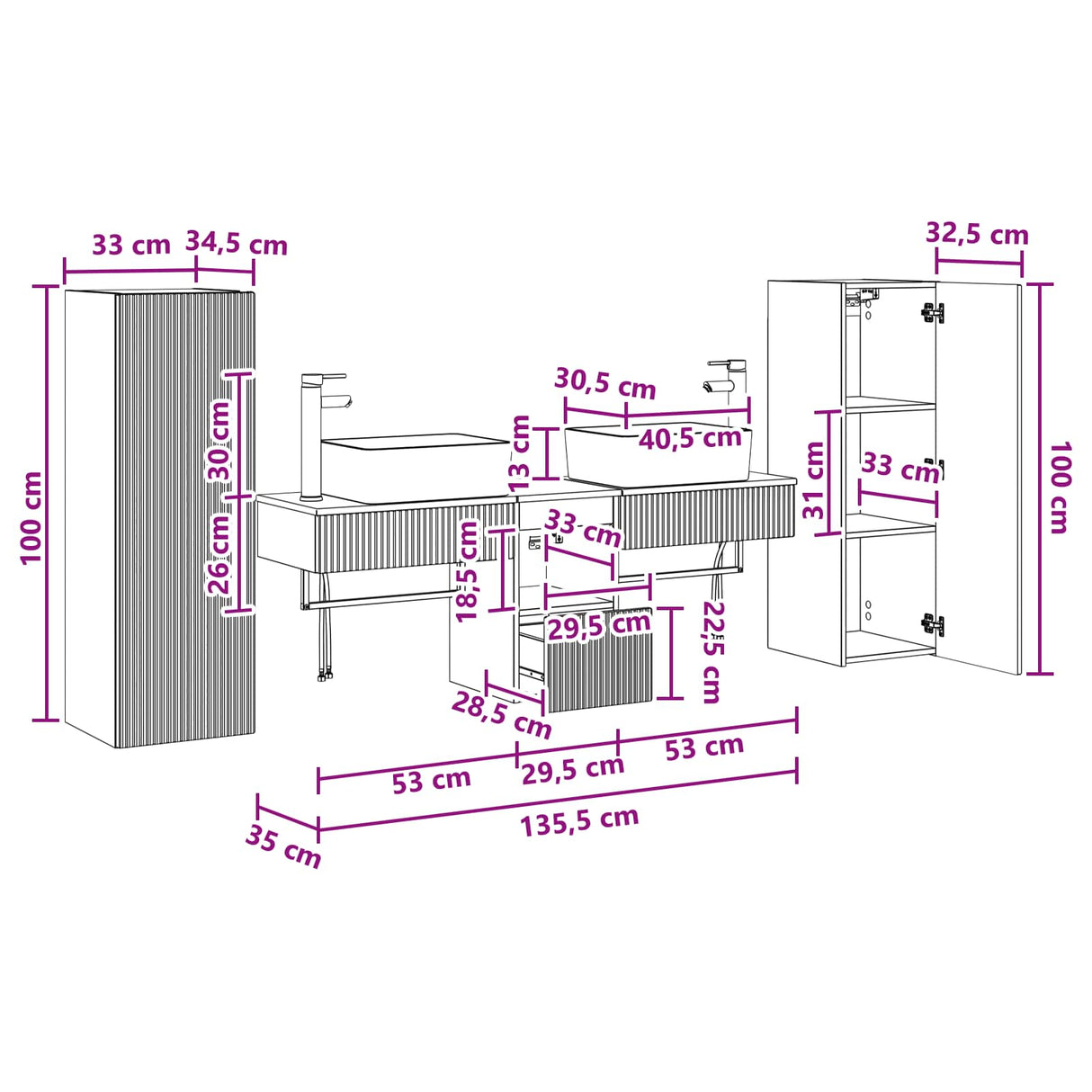 vidaXL Badkamermeubel Set 5 st Wit 33 x 34,5 x 100 cm Bewerkt hout