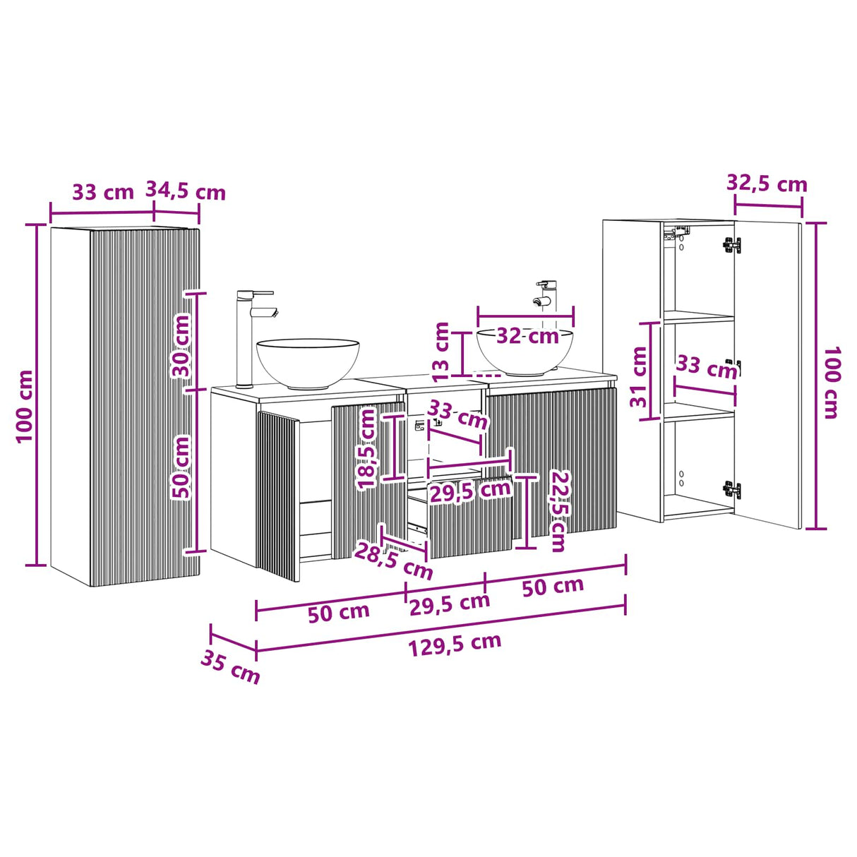 vidaXL Badkamermeubel Set 5 st Wit 33 x 34,5 x 100 cm Bewerkt hout