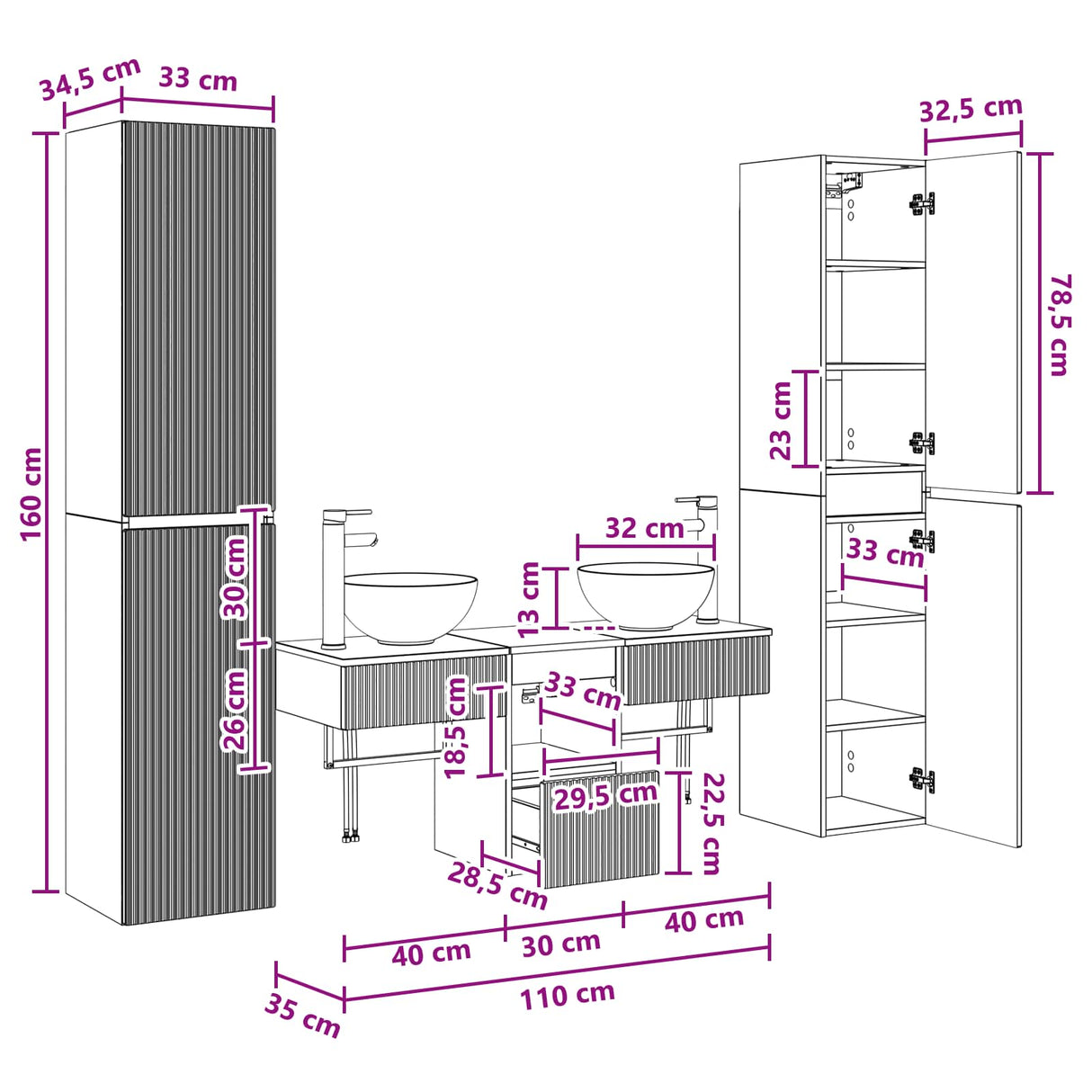 vidaXL Badkamermeubel Set 5 st Wit 33 x 34,5 x 160 cm Bewerkt hout
