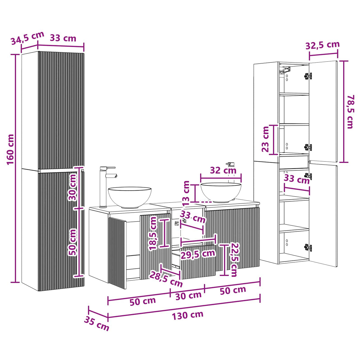 vidaXL Badkamermeubel Set 5 st Wit 33 x 34,5 x 160 cm Bewerkt hout