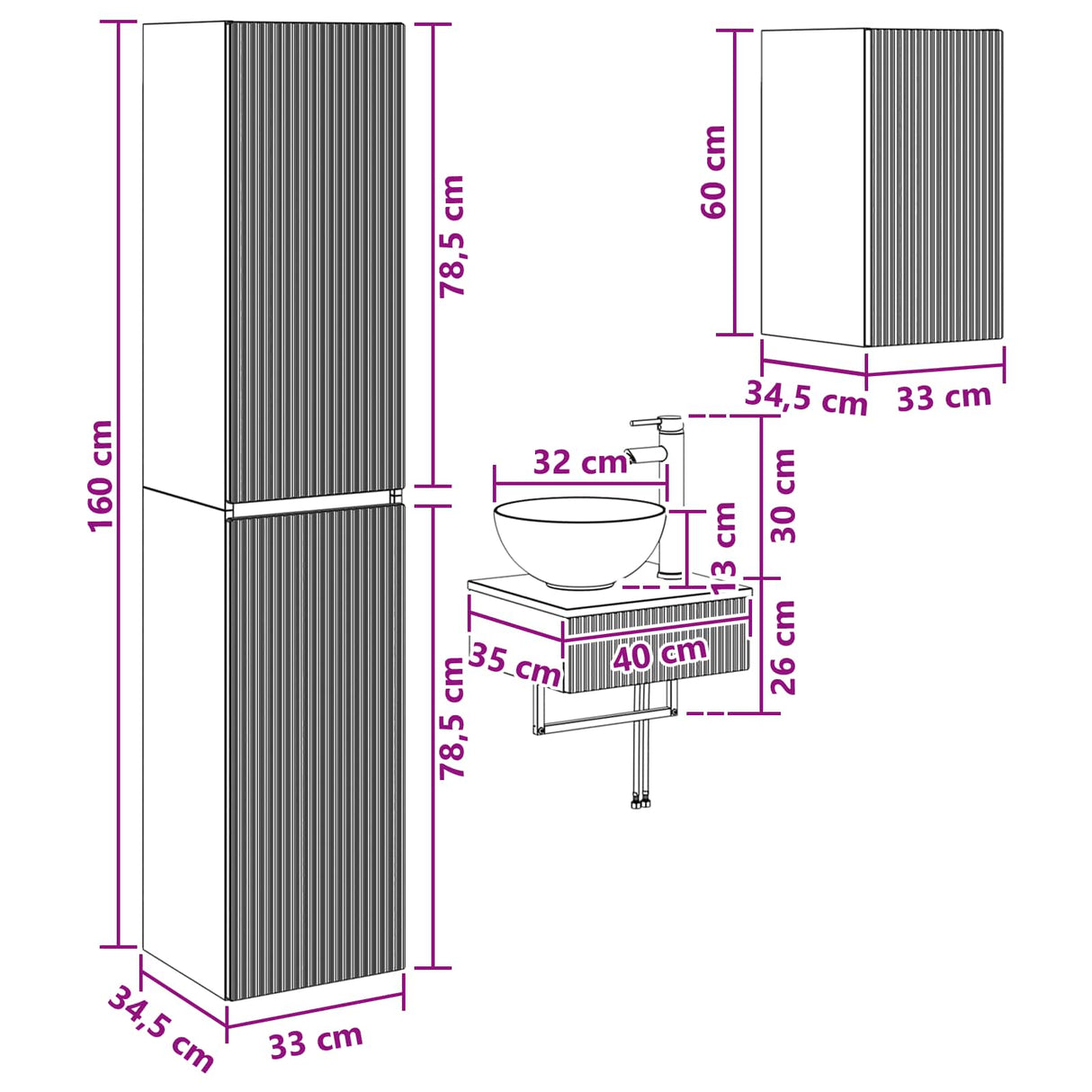 vidaXL Badkamermeubel Set 3 st Wit 33 x 34,5 x 160 cm Bewerkt hout