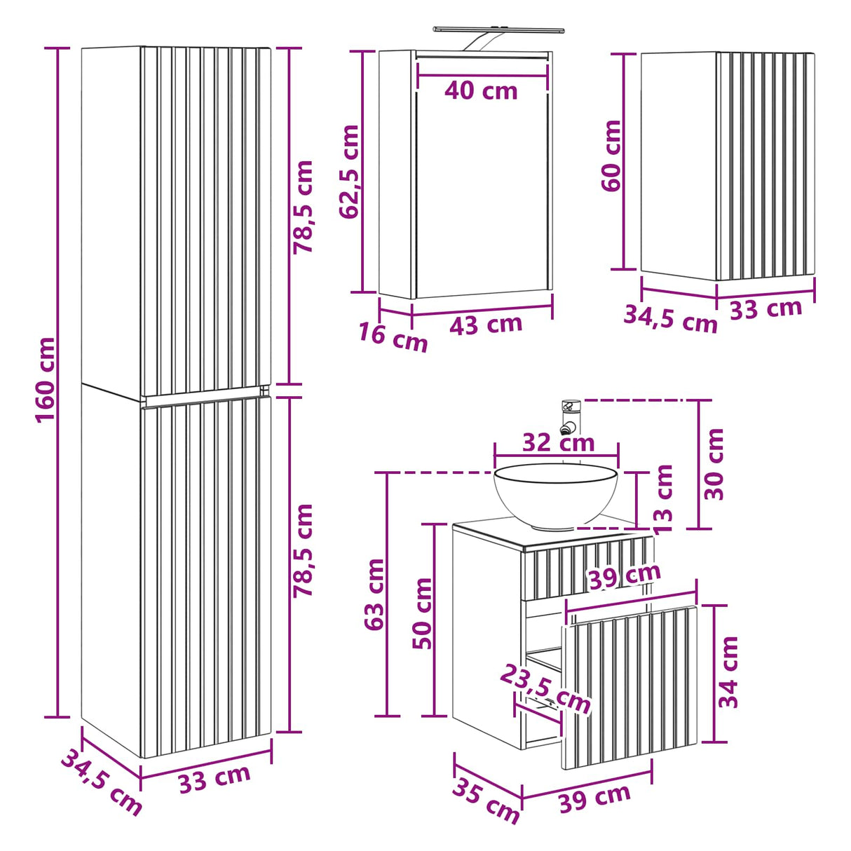 vidaXL Bathroom Furniture Set 3 pcs White 33 x 34.5 x 160 cm Engineered Wood