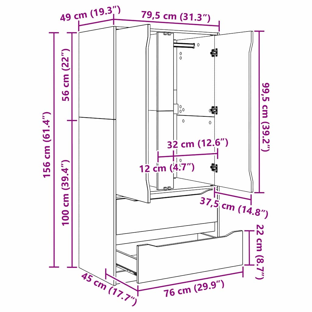 vidaXL Badkamerkast met lade Wit 79,5 x 49 x 156 cm Bewerkt hout