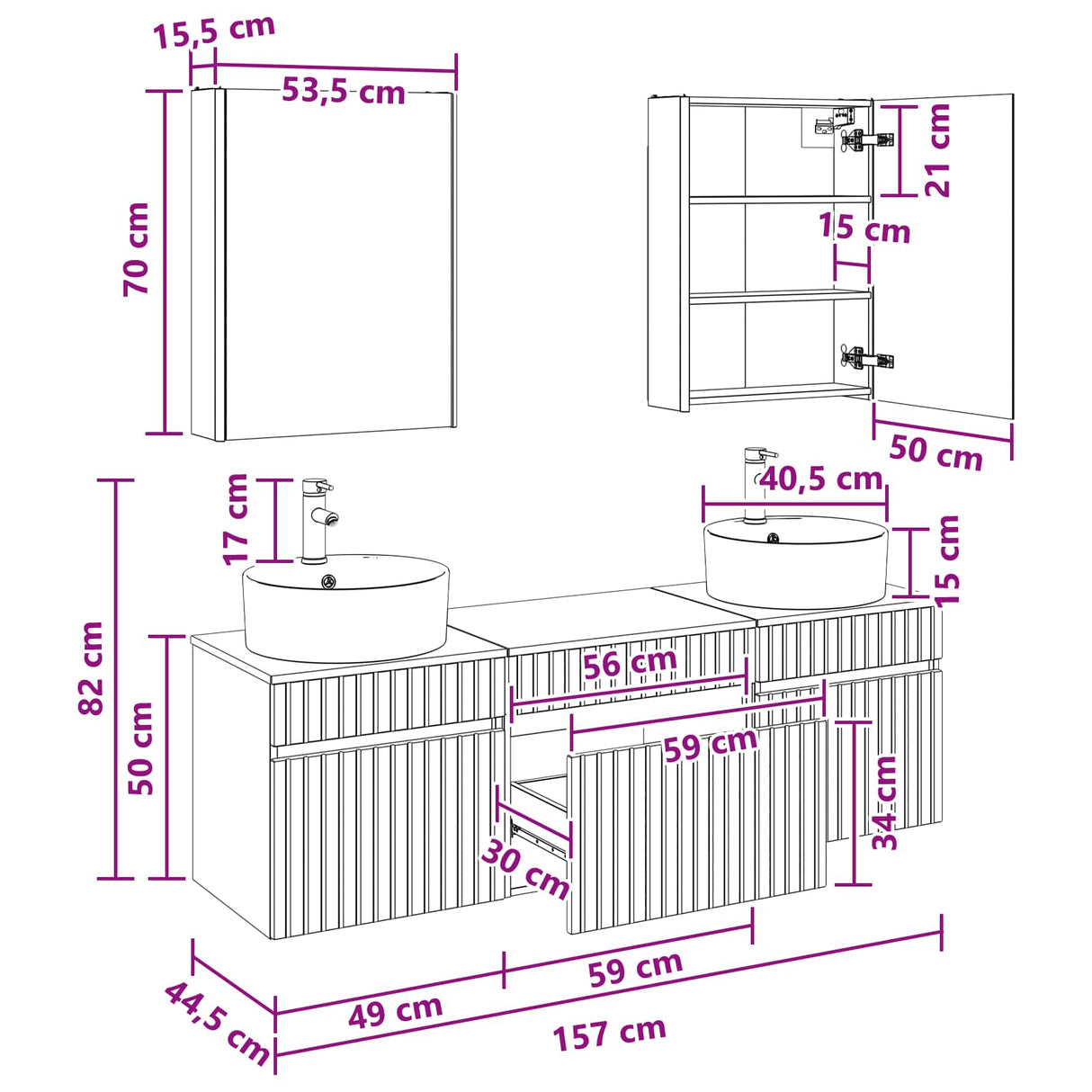 vidaXL Badkamerkast set 5 pcs Wit 53 x 15,5 x 70 cm Bewerkt hout