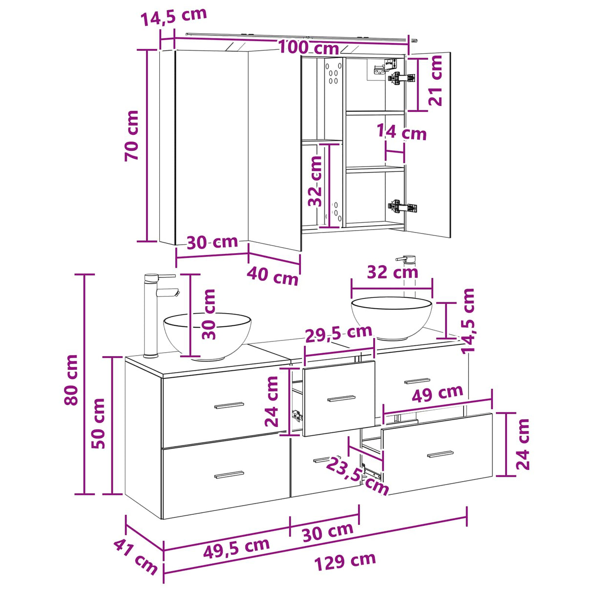 vidaXL Badkamermeubel Set 4 pcs Wit Bewerkt hout en glas