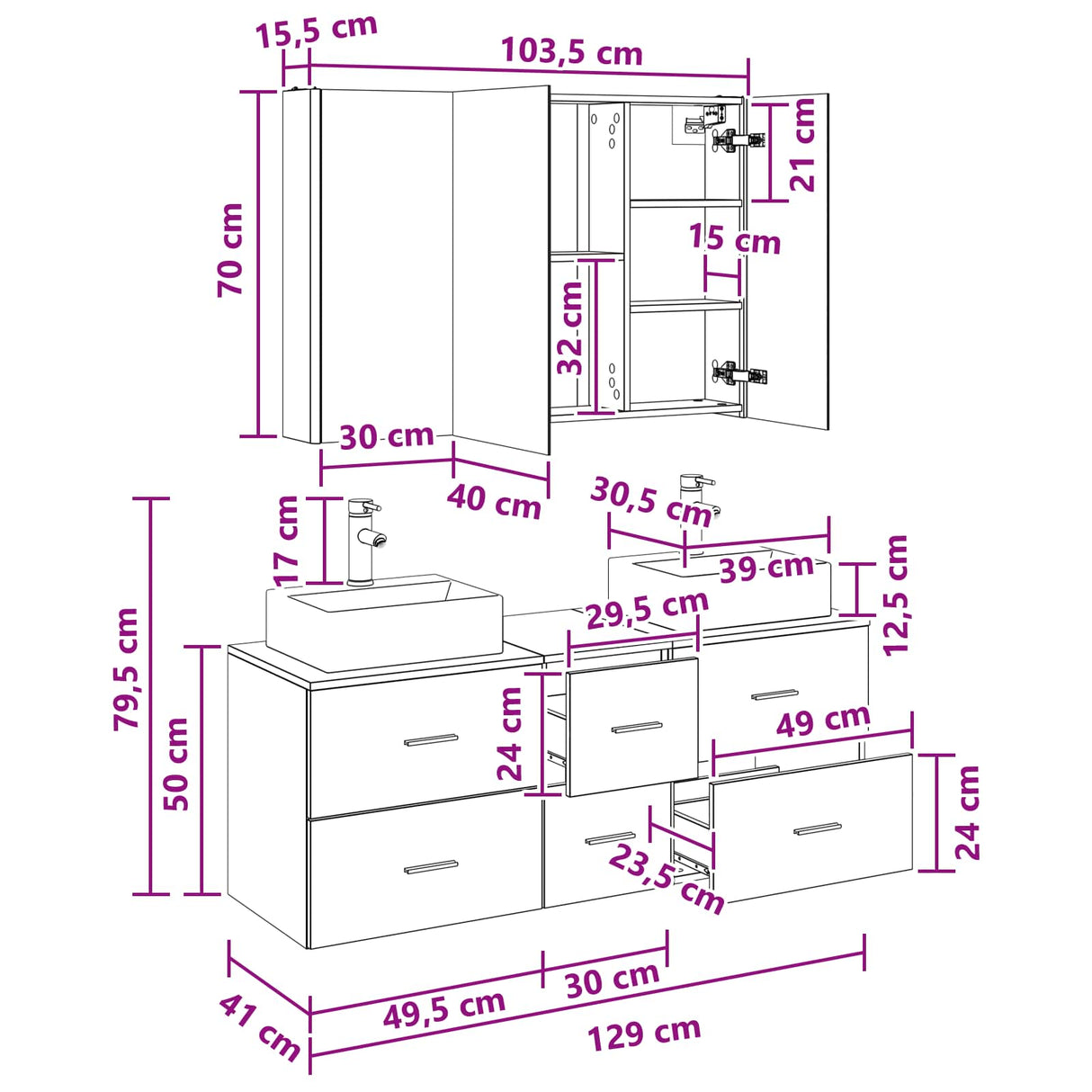vidaXL Badkamermeubel Set 4 st Wit Bewerkt hout en glas