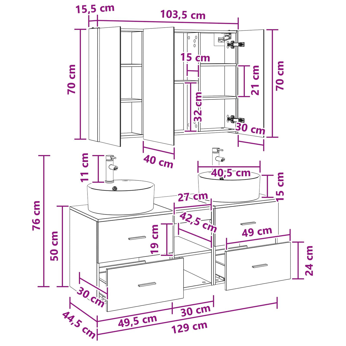 vidaXL Bathroom Furniture Set 4 pcs Concrete Grey Engineered Wood and Glass