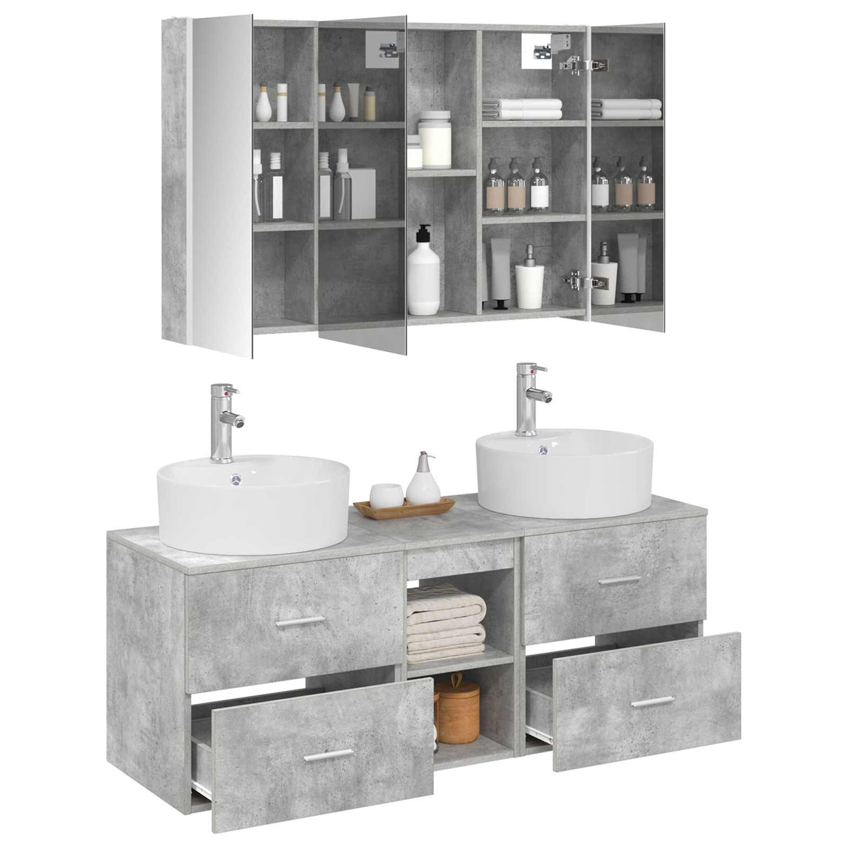 vidaXL Bathroom Furniture Set 4 pcs Concrete Grey Engineered Wood and Glass
