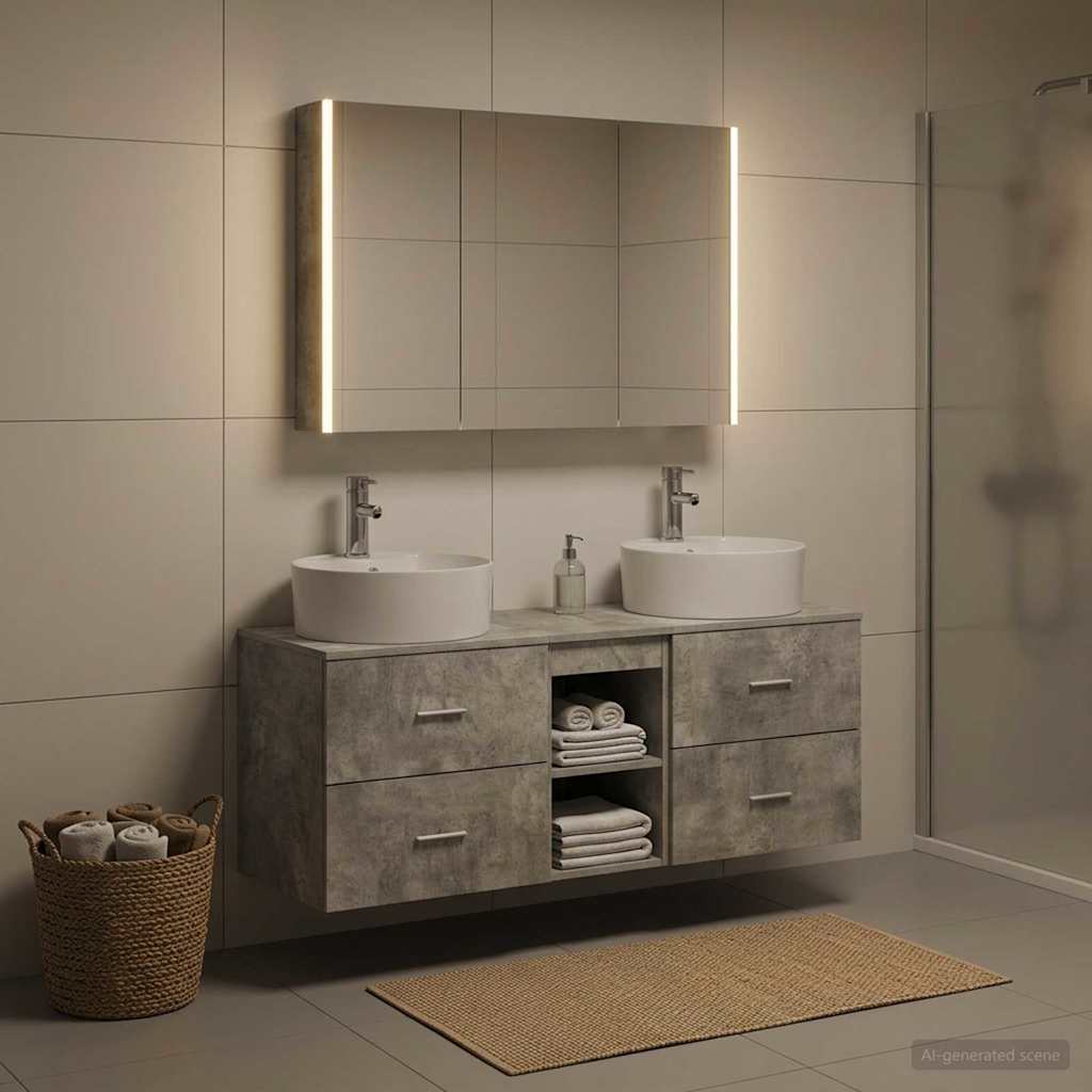 vidaXL Bathroom Furniture Set 4 pcs Concrete Grey Engineered Wood and Glass