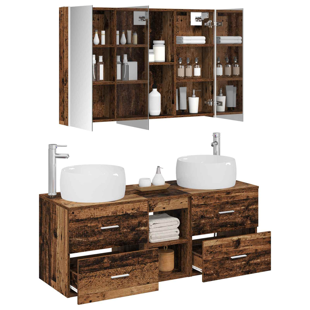 vidaXL Badkamermeubel Set 4 st Oud hout Bewerkt hout en glas