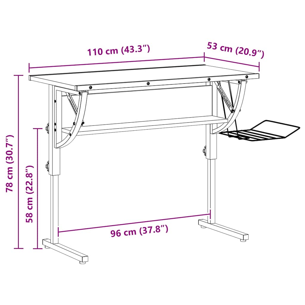 vidaXL Drawing Table 110x53x(58-87) cm engineered wood and steel white/grey