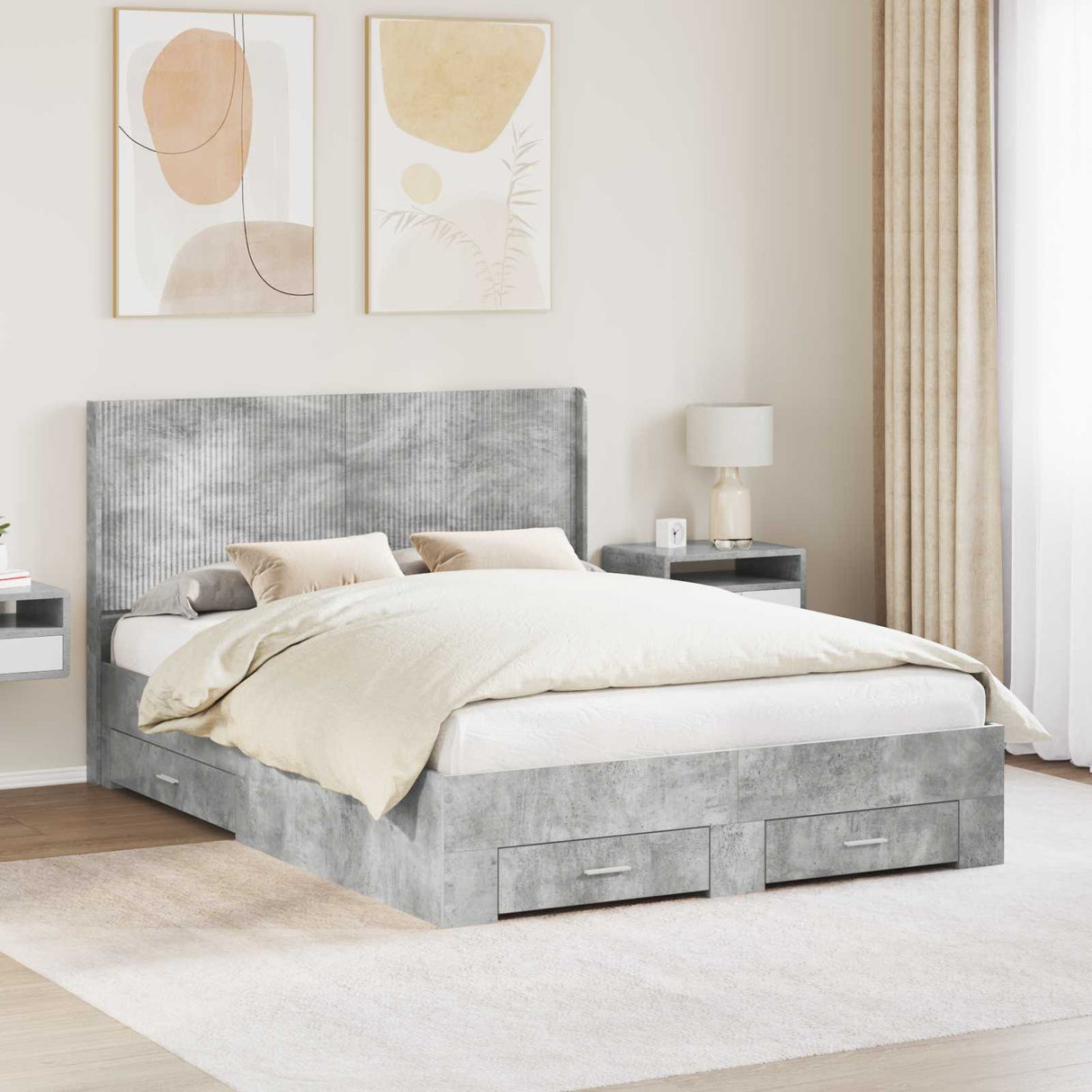 vidaXL Bed Frame with Storage and Headboard Concrete Grey Engineered Wood