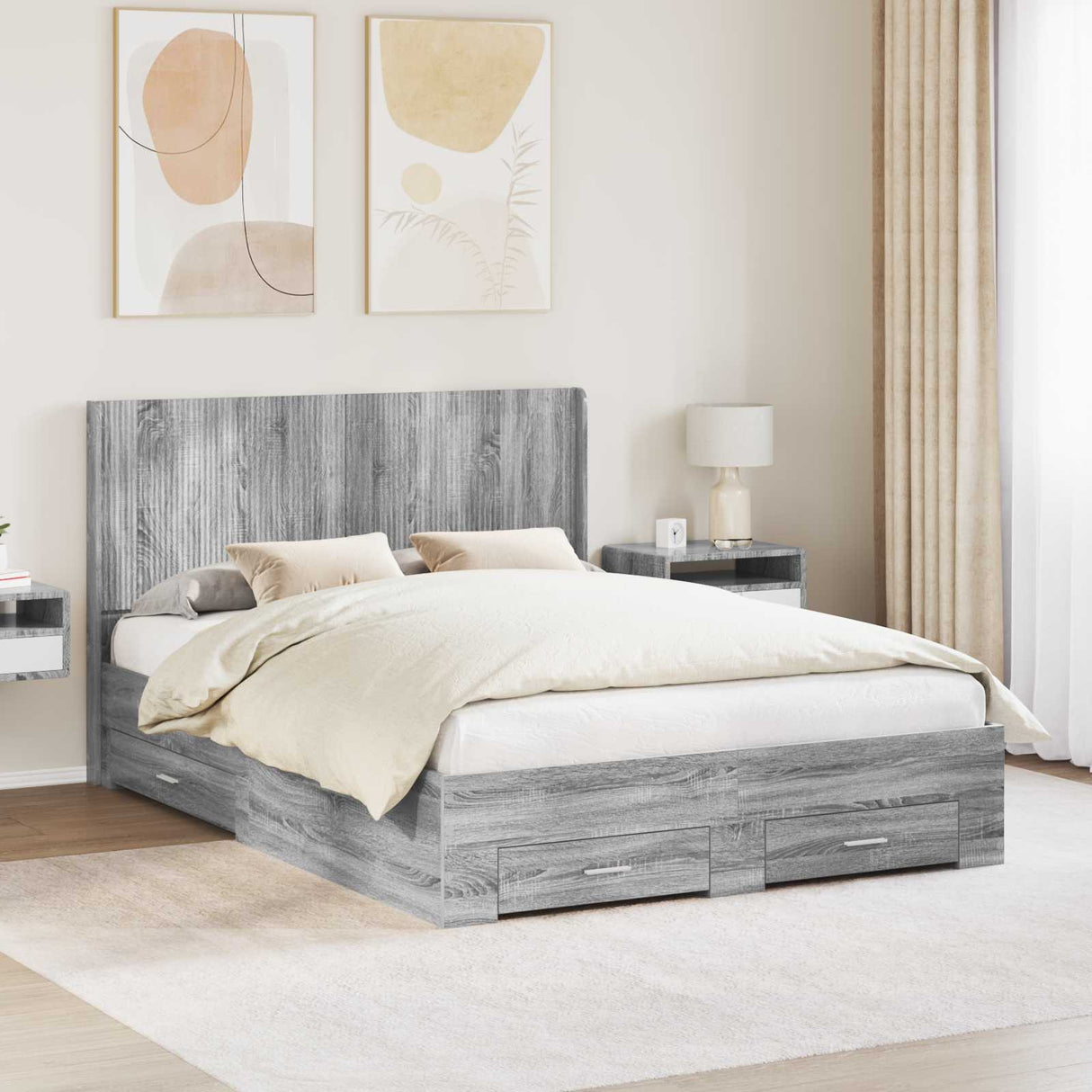 vidaXL Bed Frame with Storage and Headboard Concrete Grey Engineered Wood