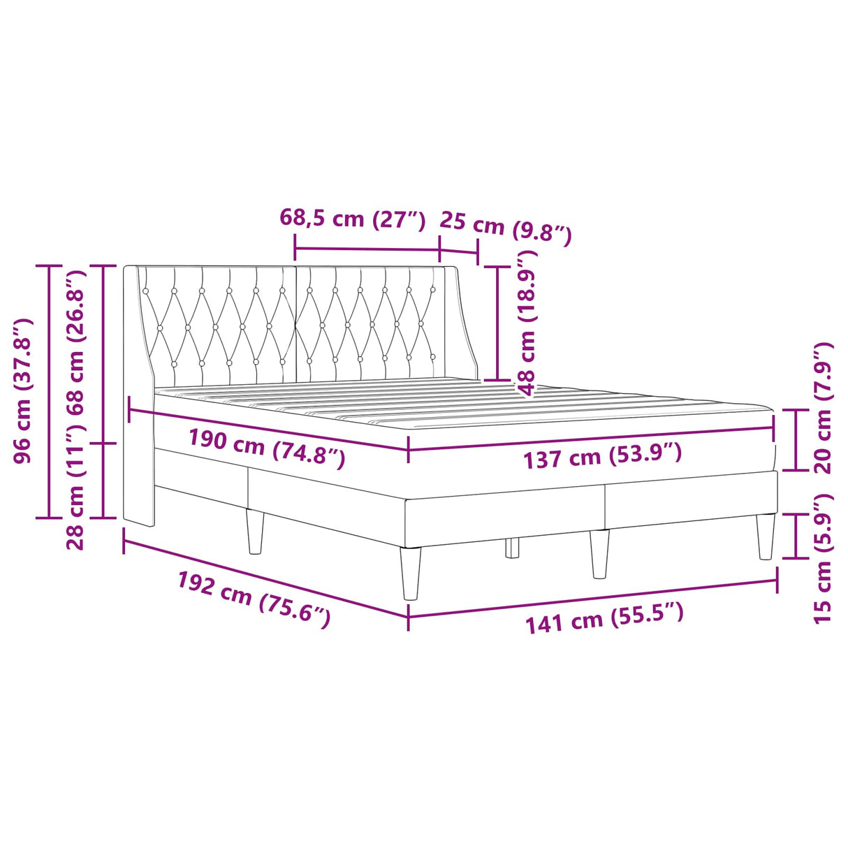 vidaXL Bed Frame with Mattress Dark Grey 137 x 190 cm Velvet
