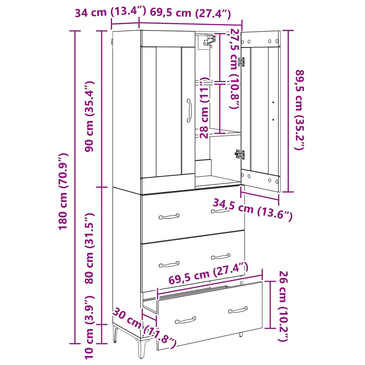 vidaXL Highboard with Drawer Old Wood 69.5 x 34 x 180 cm Engineered Wood