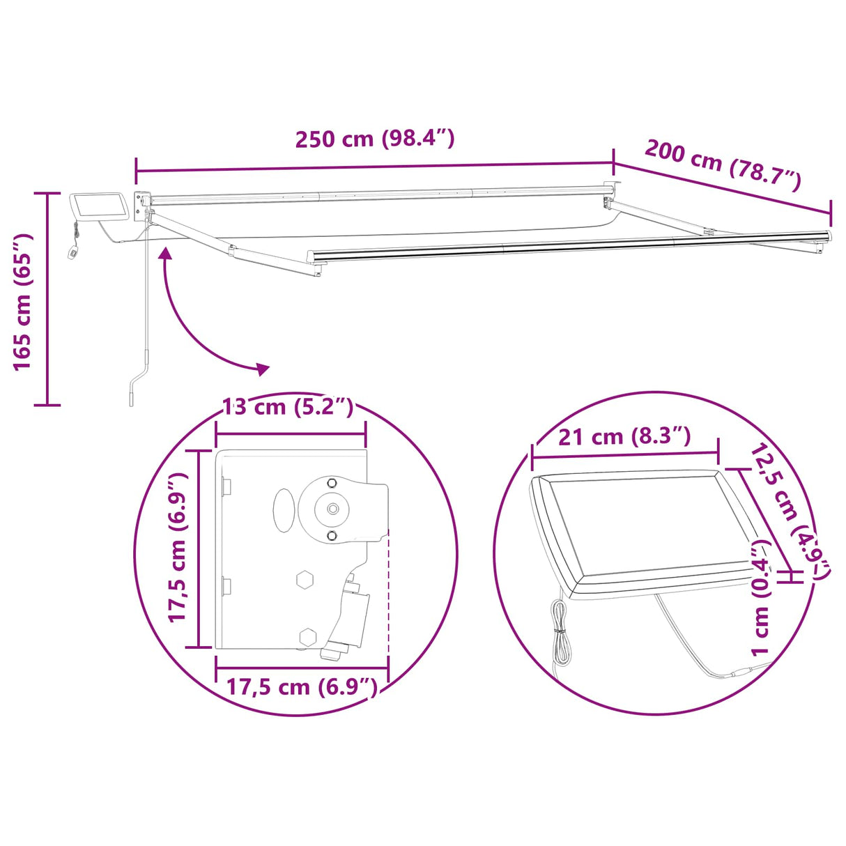 vidaXL Handbediende luifel met LED's Blauw en Wit 2,5 x 2 m