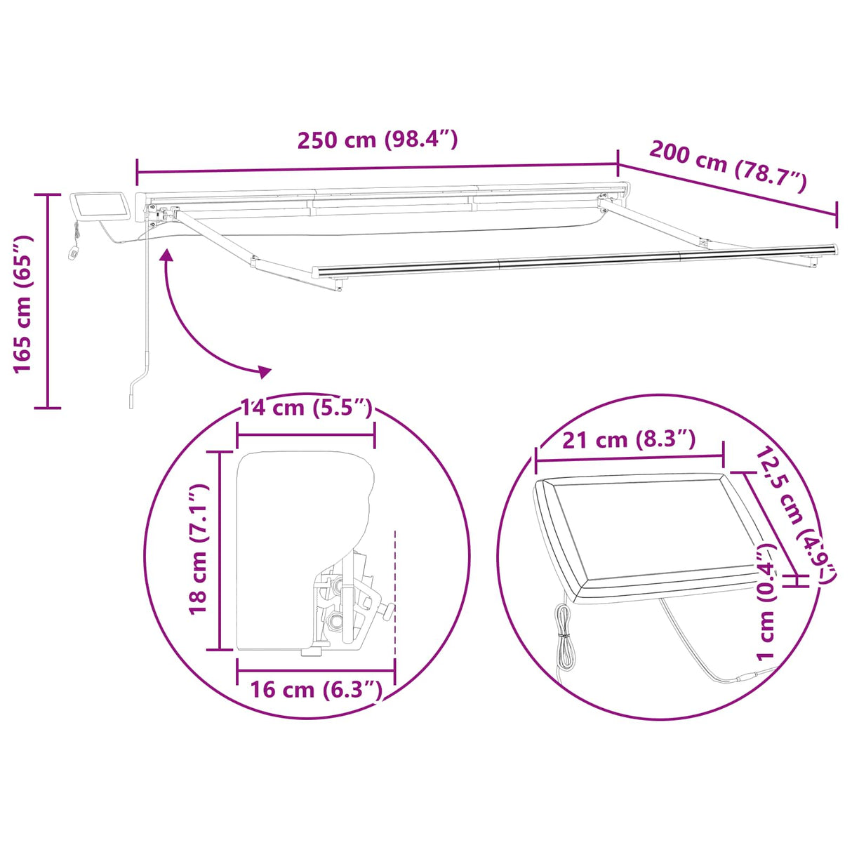 vidaXL Handbediende luifel met LED's Blauw en Wit 2,5 x 2 m