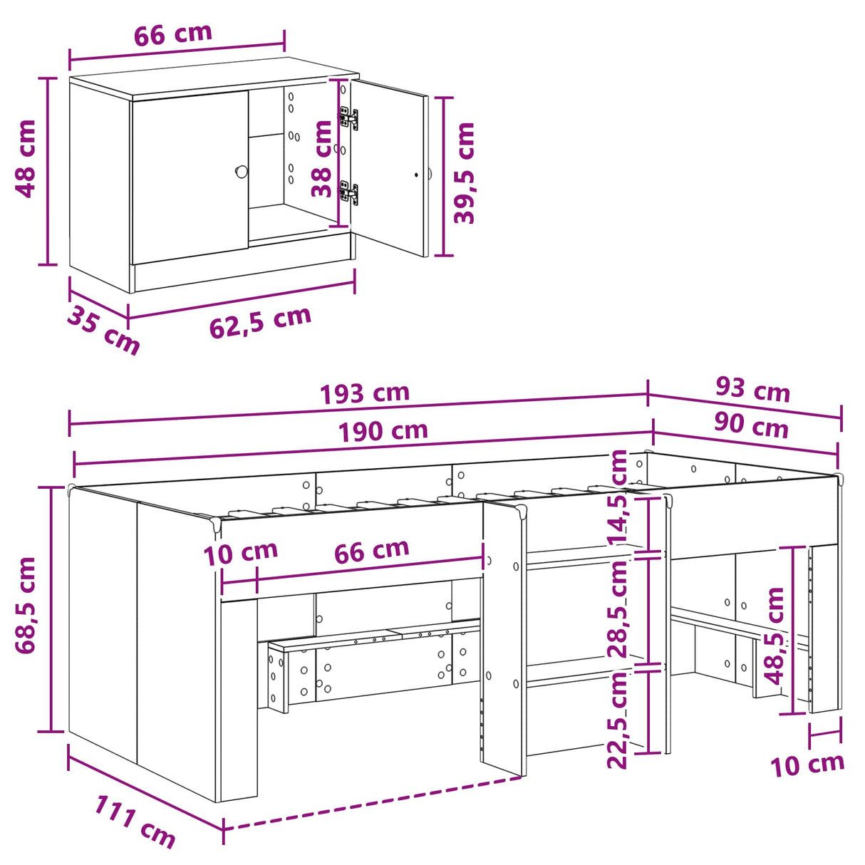 vidaXL Loft Bed Frame met Kast met opslag 3 pcs Wit Bewerkt hout