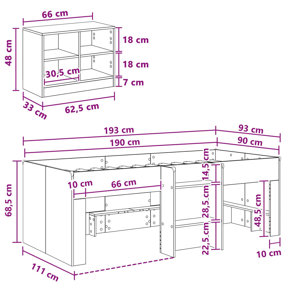 vidaXL Loft Bed Frame met Kast met plank 3 pcs Wit Bewerkt hout
