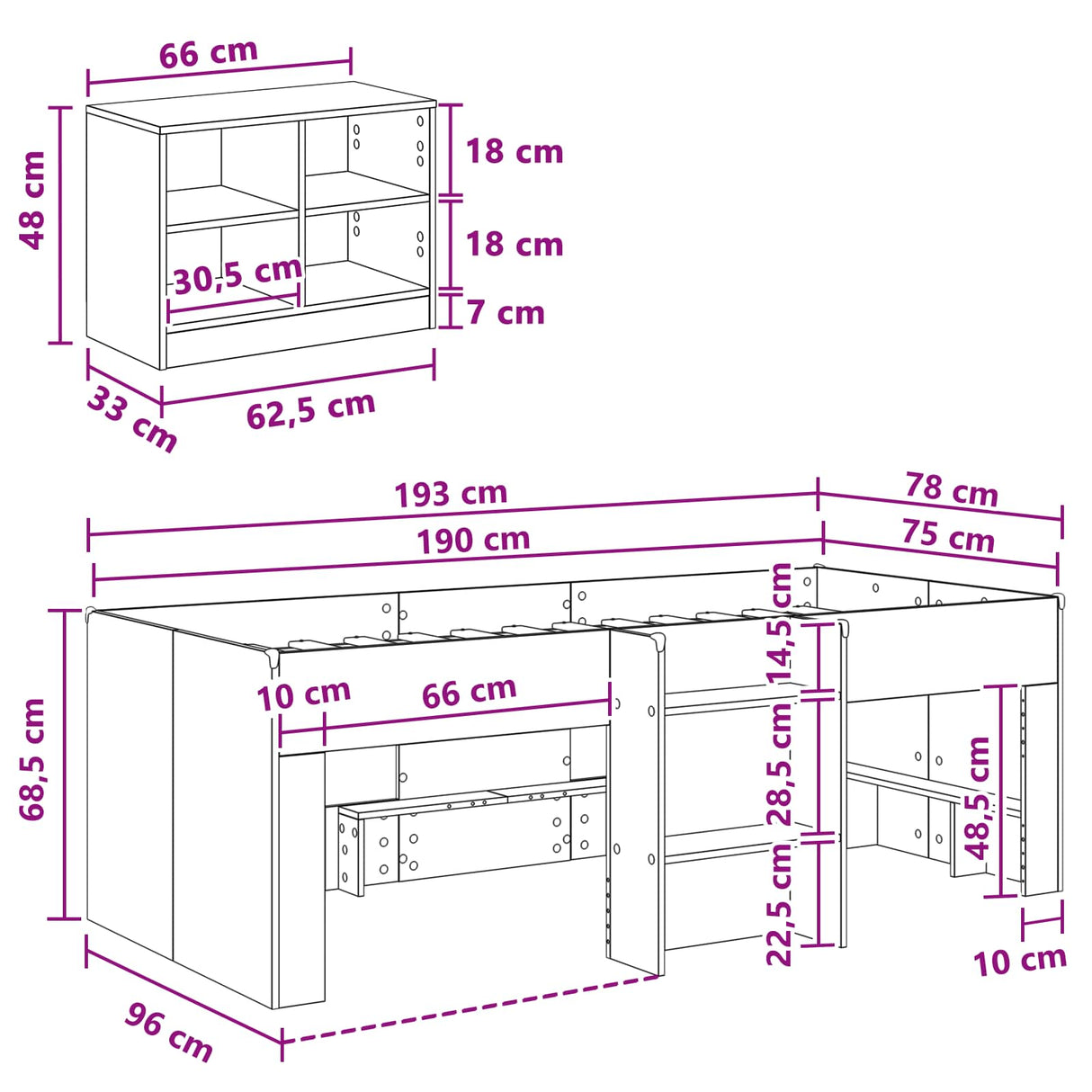 vidaXL Loft Bed Frame met Kast met plank 3 pcs Wit Bewerkt hout