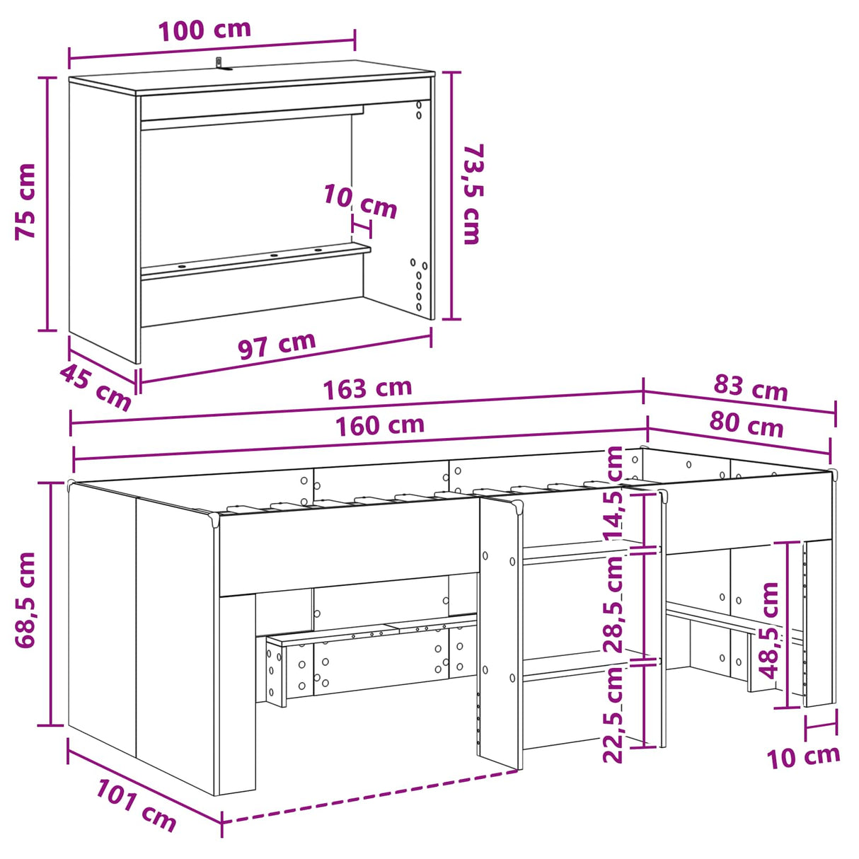 vidaXL Loft Bed with Desk White 80 x 160 cm Engineered Wood