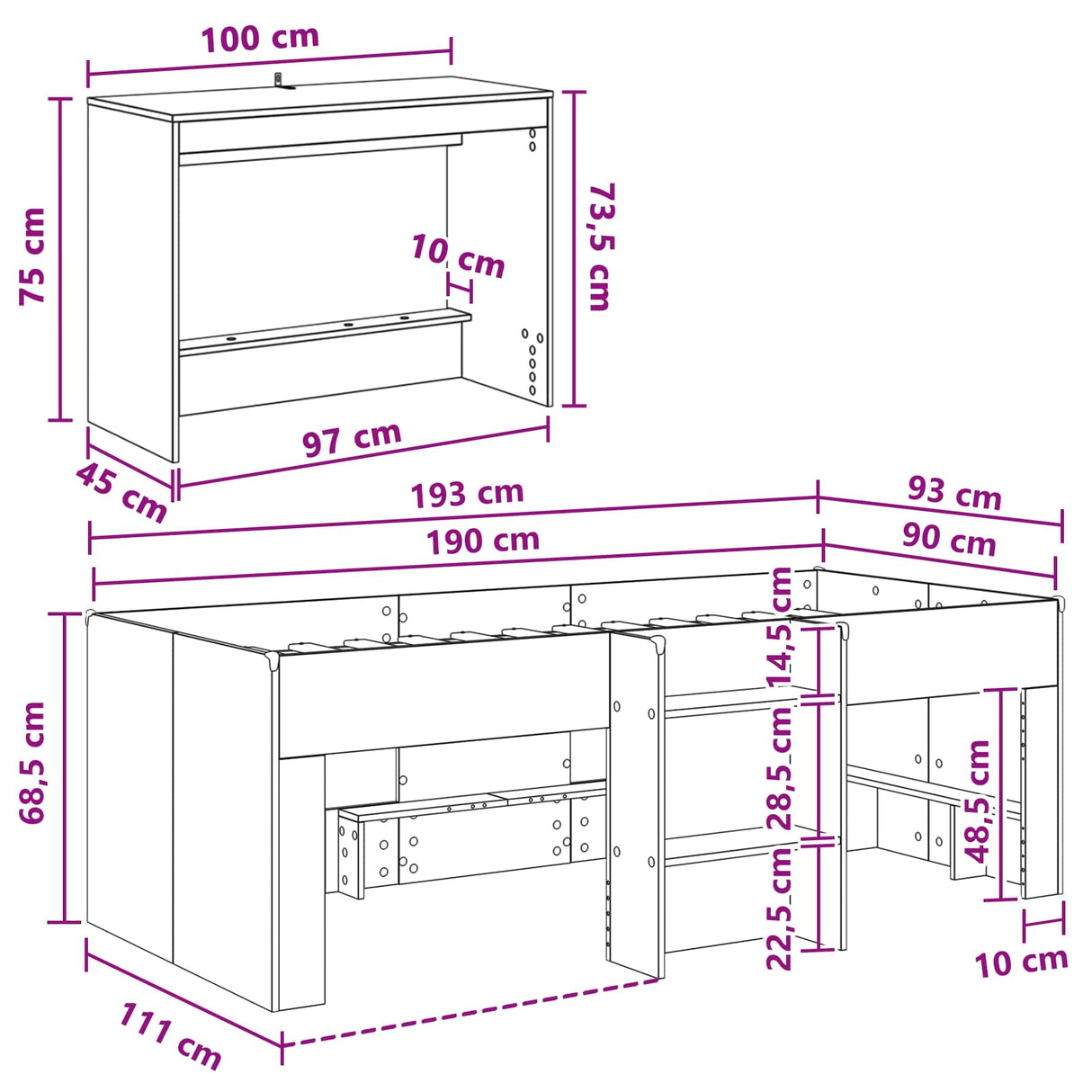vidaXL Kinderhoogslaper met bureau Wit 90 x 190 cm Bewerkt hout