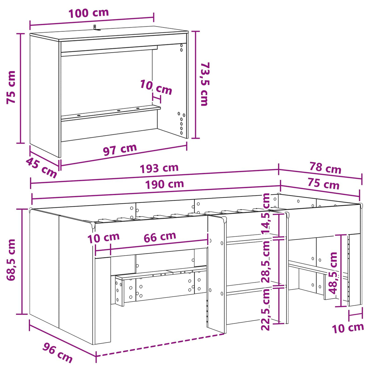 vidaXL Kinderhoogslaper met bureau Wit 75 x 190 cm Bewerkt hout