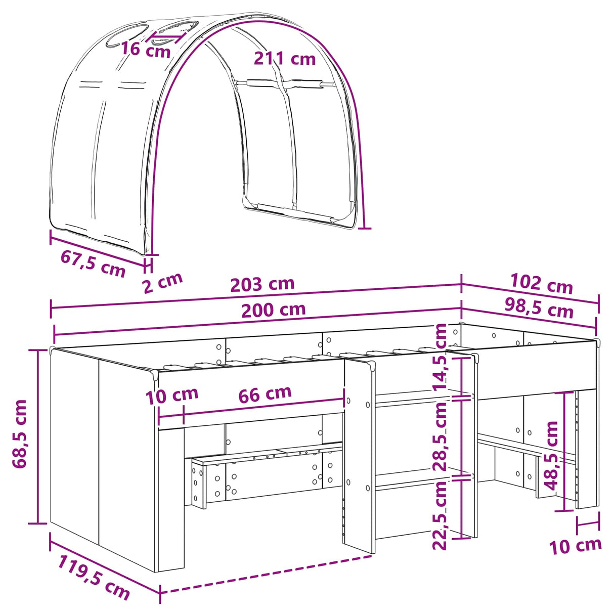 vidaXL Bed met Tunnel 4 pcs Wit en zwart Bewerkt hout