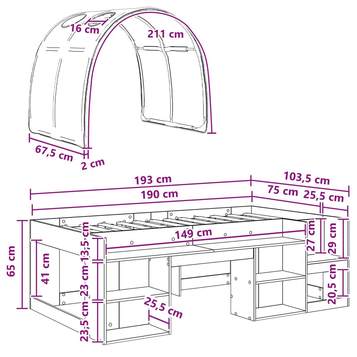 vidaXL Bedframe met Tunnel 3 pcs Wit en Lichtblauw Bewerkt hout