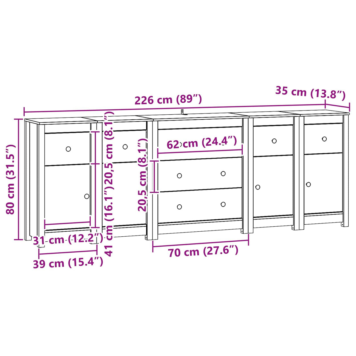 vidaXL Dressoir 230x35x80 cm massief grenenhout wit