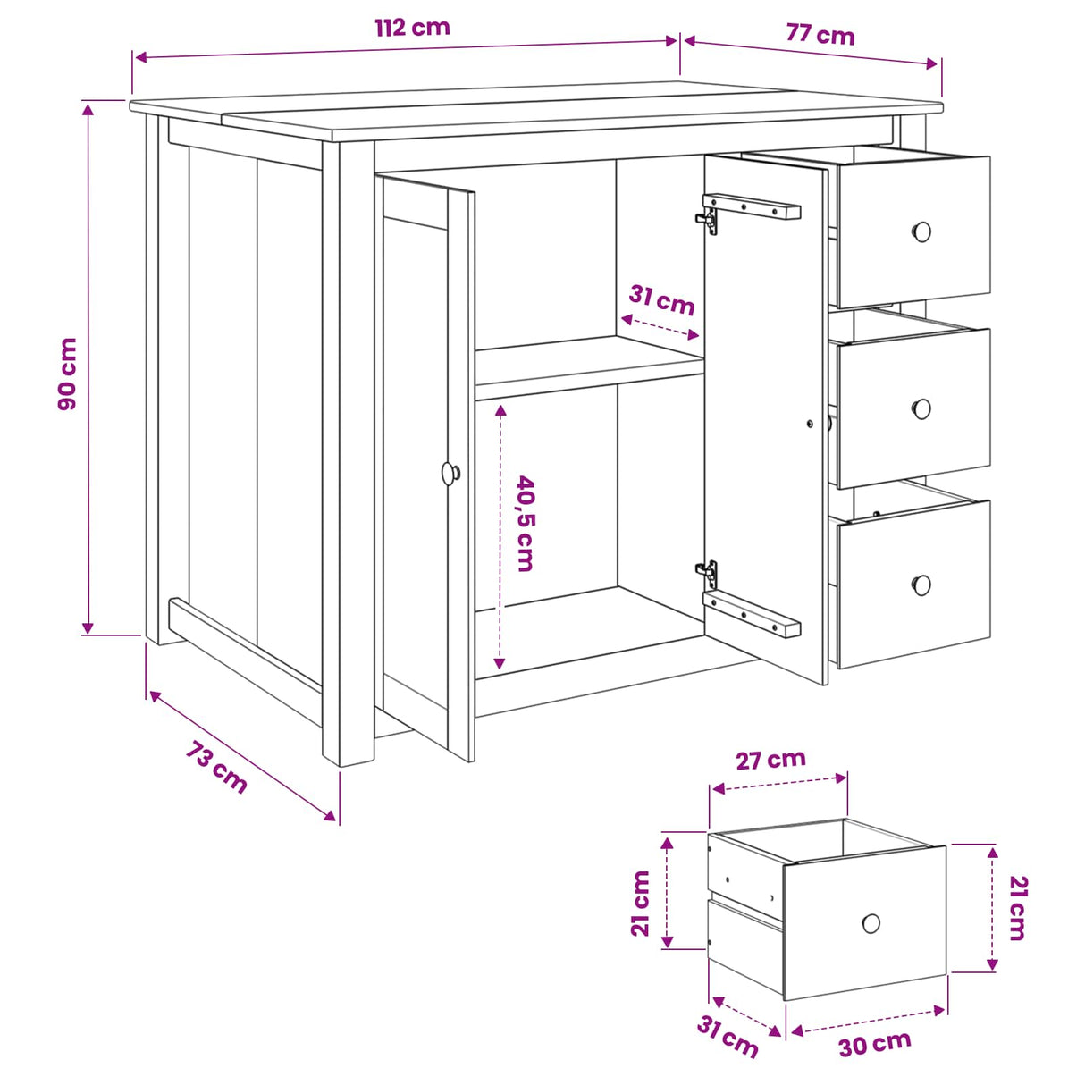 vidaXL Kitchen Trolley with Drawer PANAMA 2 pcs Honeycomb 112 x 77 x 90 cm
