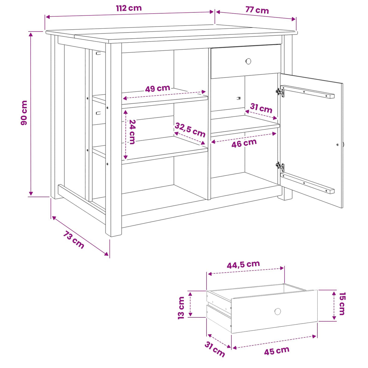 vidaXL Keuken Trolley met lade PANAMA 2 pcs Honingwas 112 x 77 x 90 cm