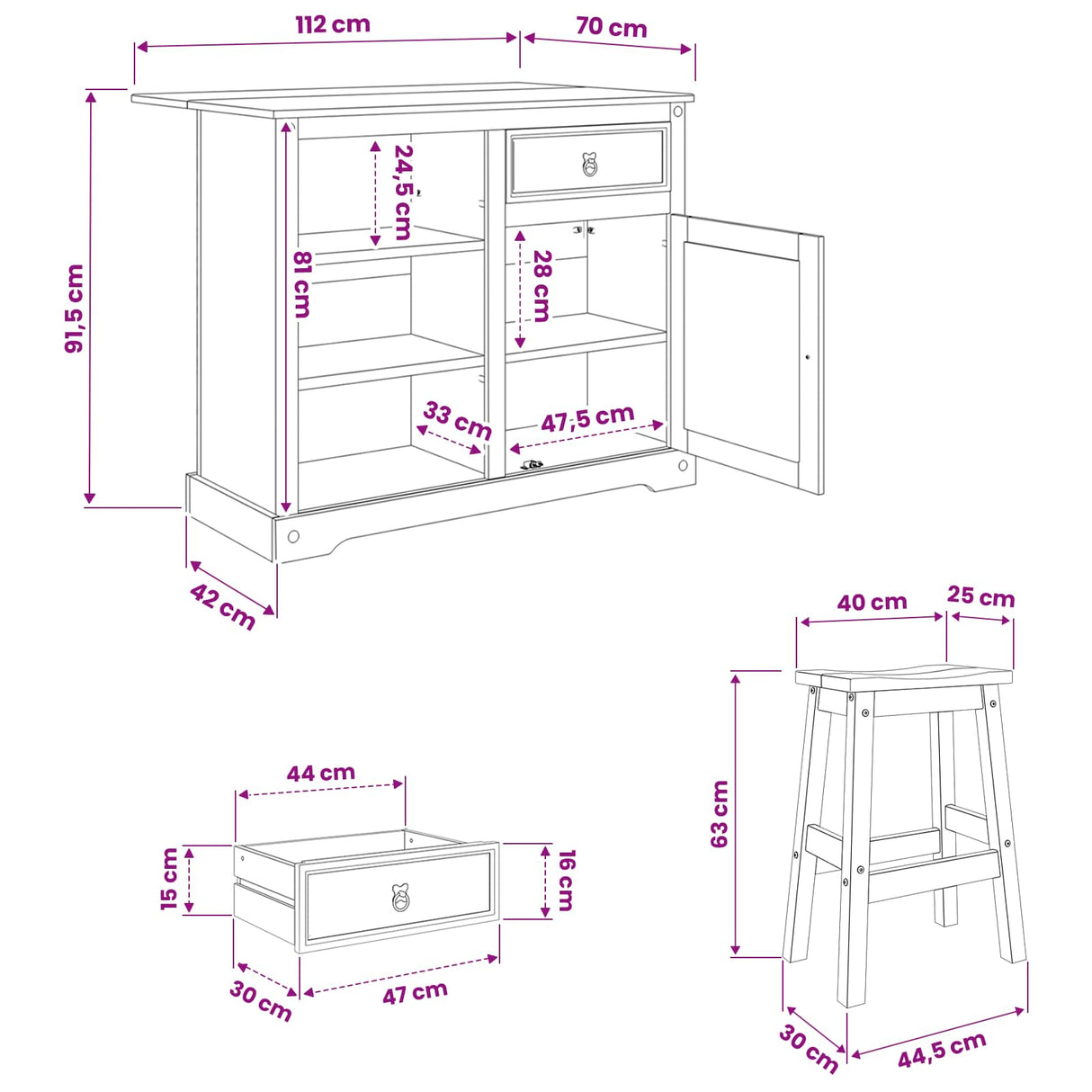 vidaXL Kitchen island set with drawer 3 pcs Honey Wax Solid pine