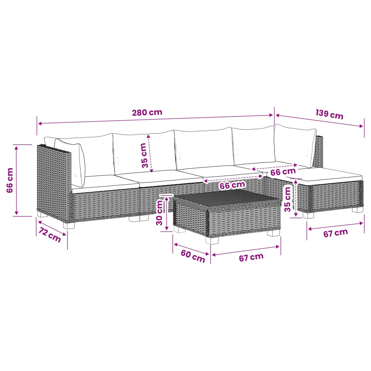 vidaXL 6 st Rieten Loungeset met Kussens GENDT Natuurlijk Riet Naturel
