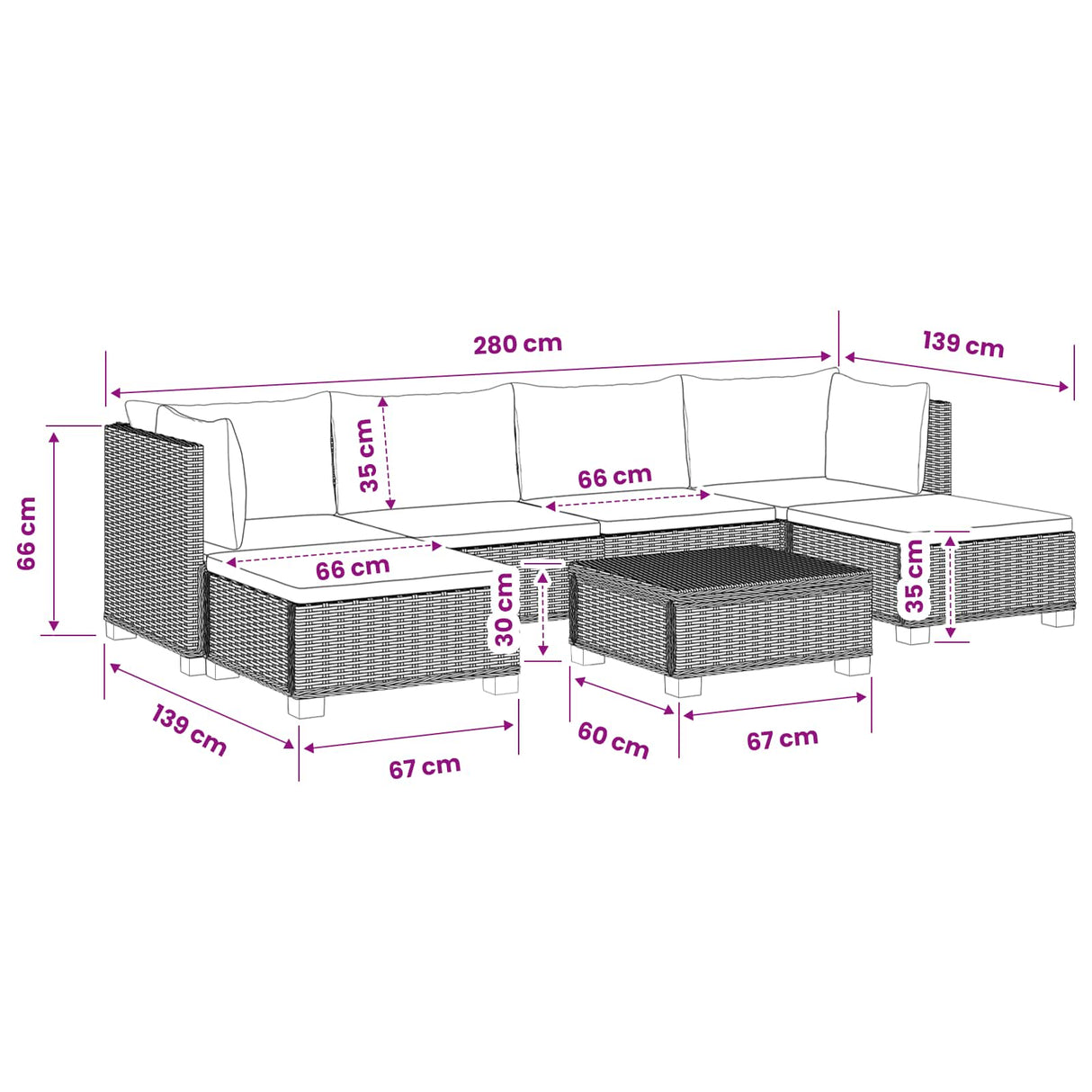 vidaXL 7 st Rieten Loungeset met Kussens GENDT Natuurlijk Riet Naturel