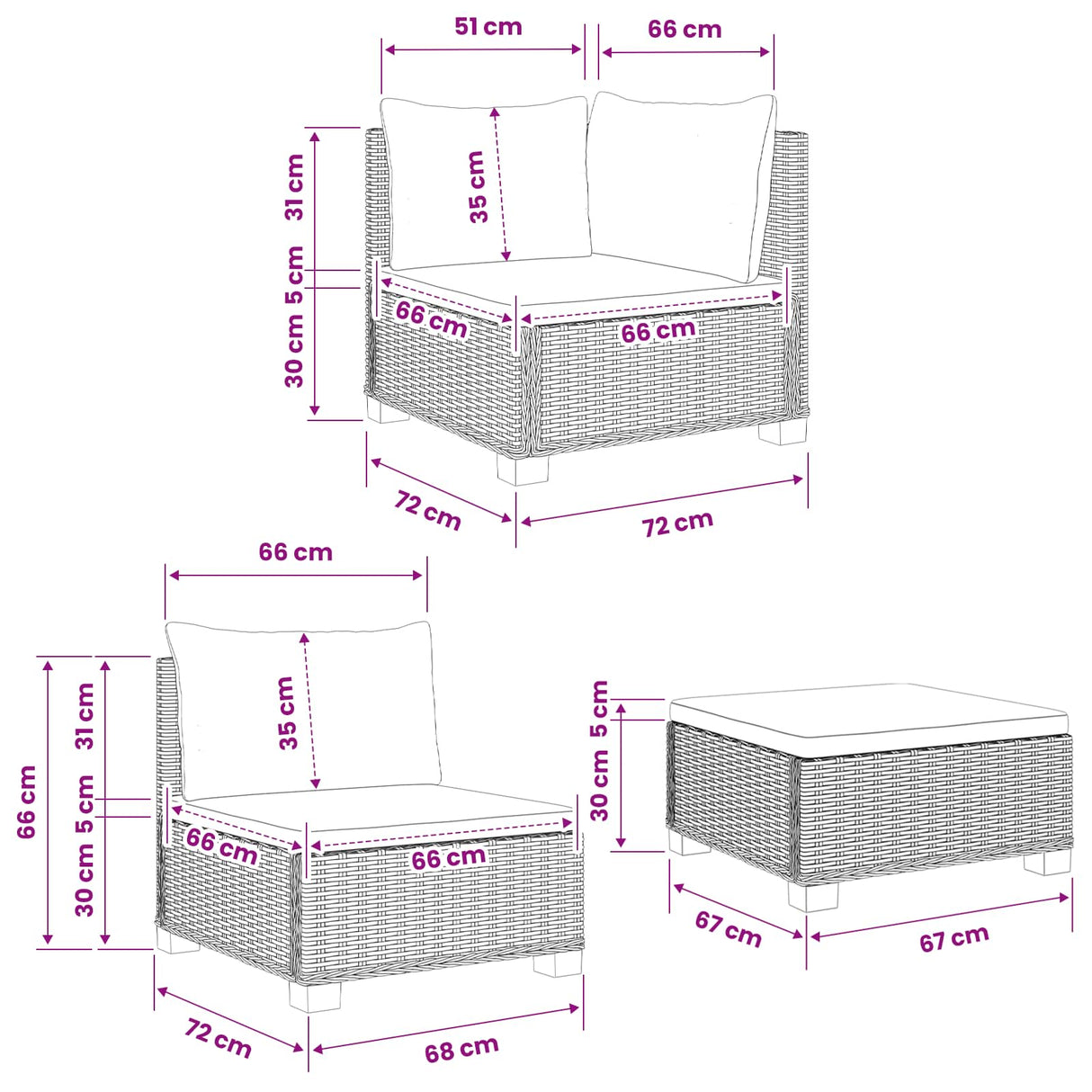 vidaXL 3 st Rieten Lounge Set met Kussens GENDT Natuurlijk Riet