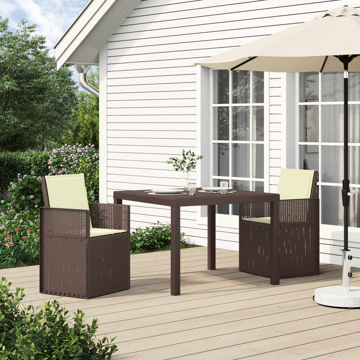 vidaXL Tuin Eettafel Set met kussen 3 pcs Bruin en crèmekleurig PP