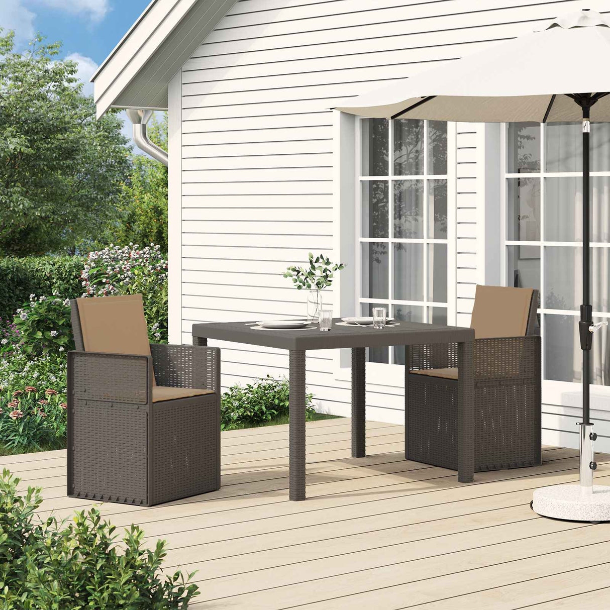 vidaXL Tuin Eettafel Set met kussen 3 pcs Bruin en crèmekleurig PP