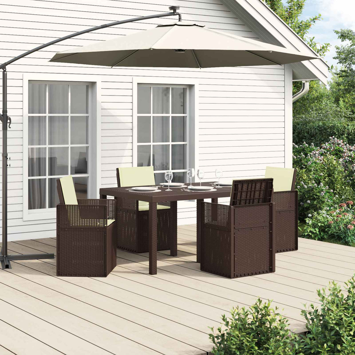 vidaXL Tuin Eettafel Set met kussen 3 pcs Bruin en crèmekleurig PP